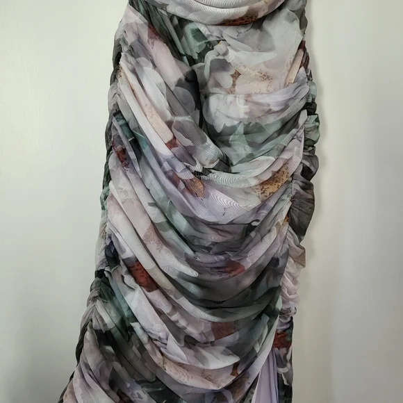 Abercrombie Mesh Asymmetrical Off-The-Shoulder Draped Maxi Dress Floral Medium - Picture 4 of 9
